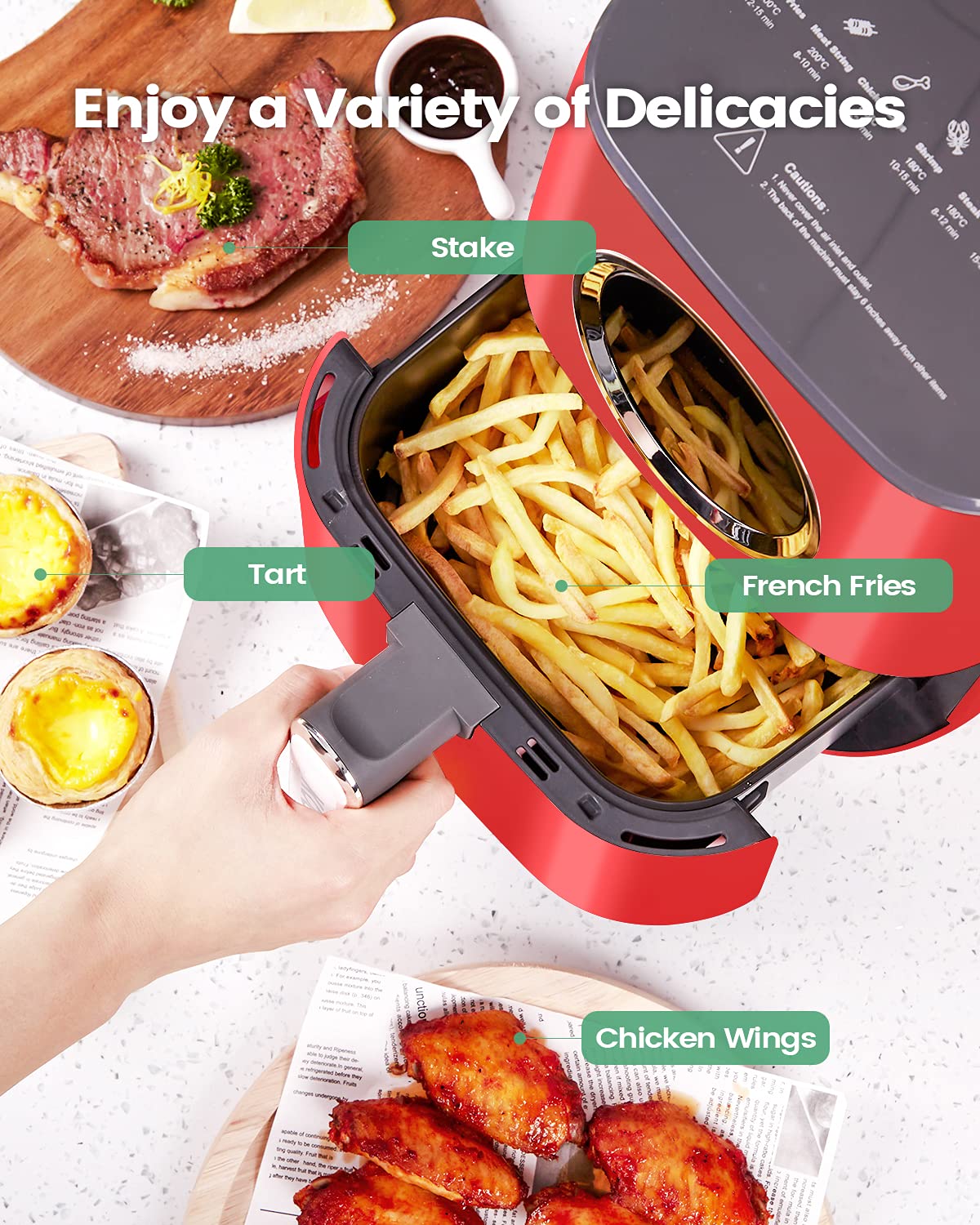 [NEW LANUCH] KOOC Large Air Fryer, 4.5 Quart Electric Hot Oven Cooker, Free Cheat Sheet for Quick Reference Guide, LED Touch Digital Screen, 8 in 1, Customized Temp/Time, Nonstick Basket, Red