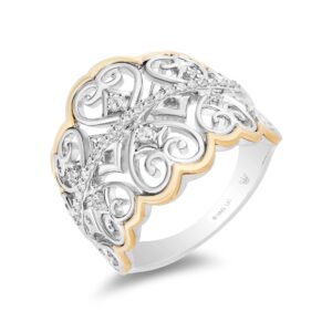 Jewelili Hallmark Fine Jewelry Sterling Silver and 14K Yellow Gold 1/6 Cttw Round White Sparkling Diamond Filigree Fashion Hearts Ring, Size 9