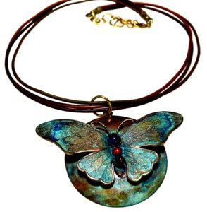 elaine coyne verdigris patina solid brass sculptural butterfly pendant - amethyst, carnelian, garnet