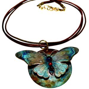 Elaine Coyne Verdigris Patina Solid Brass Sculptural Butterfly Pendant - Amethyst, Carnelian, Garnet