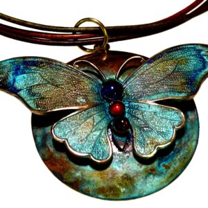 Elaine Coyne Verdigris Patina Solid Brass Sculptural Butterfly Pendant - Amethyst, Carnelian, Garnet