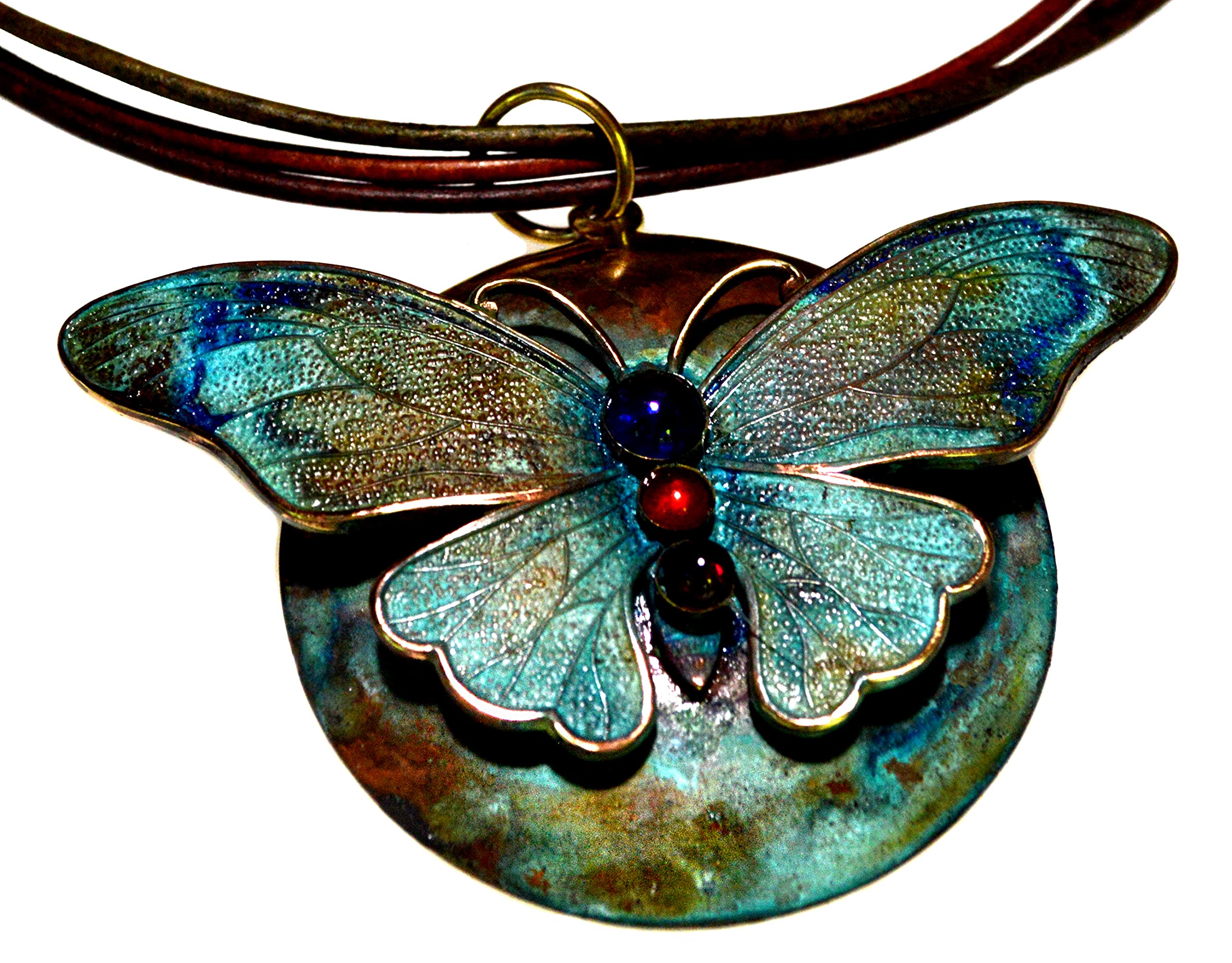 Elaine Coyne Verdigris Patina Solid Brass Sculptural Butterfly Pendant - Amethyst, Carnelian, Garnet