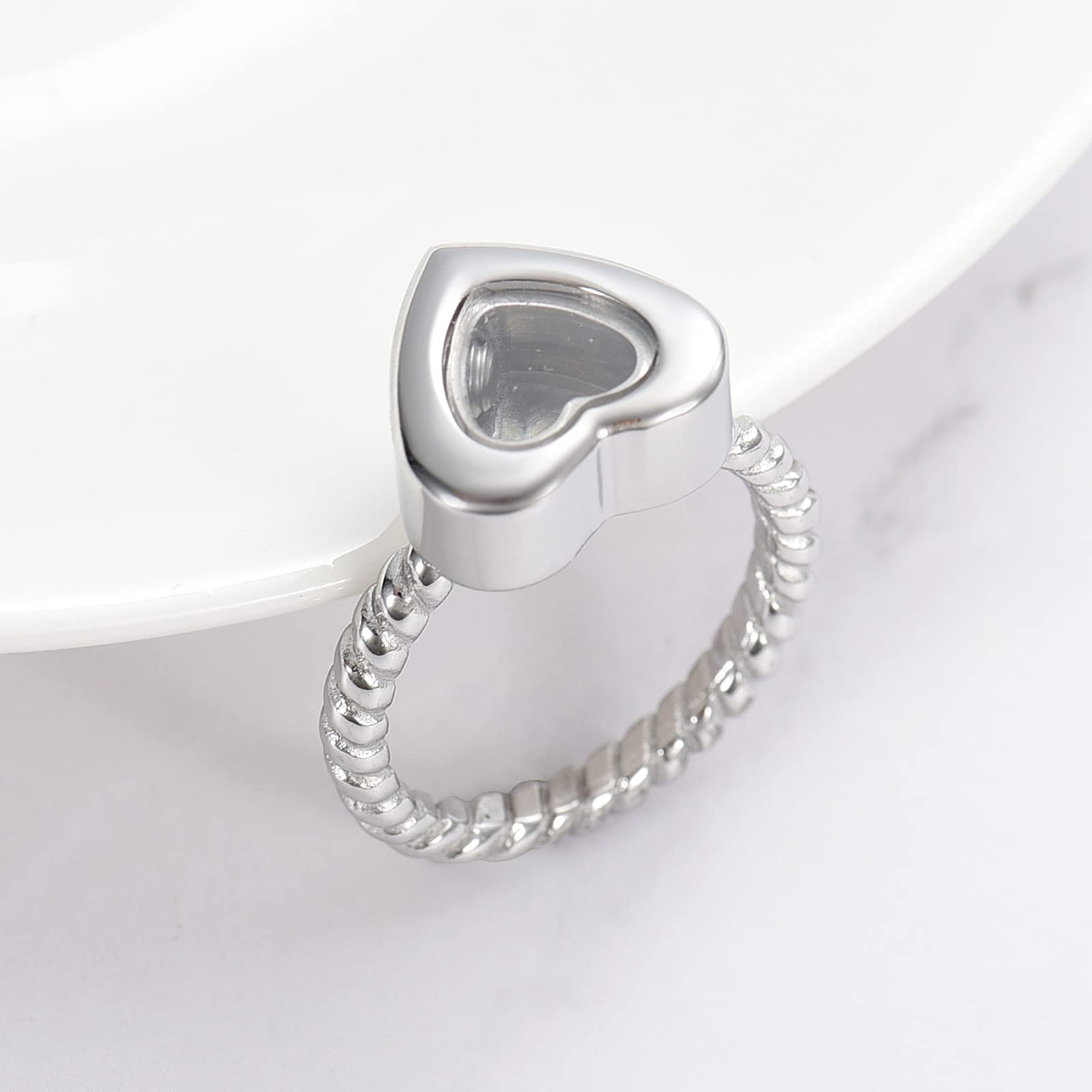 XSMZB Glass Heart Urn Cremation Rings for Ashes - Stainless Steel Memorial Finger Ring Human Pets Keepsake Jewelry for Women (Silver-8)