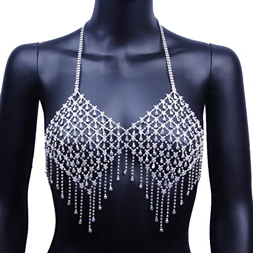 CanB Rhinestone Sexy Bra Chian Sparkly Crystal Tassel Underwear Body Chains Summer Beach Bikini Nightclub Chain Body Accessories Jewwlry for Women and Girls(Style-3) (A)