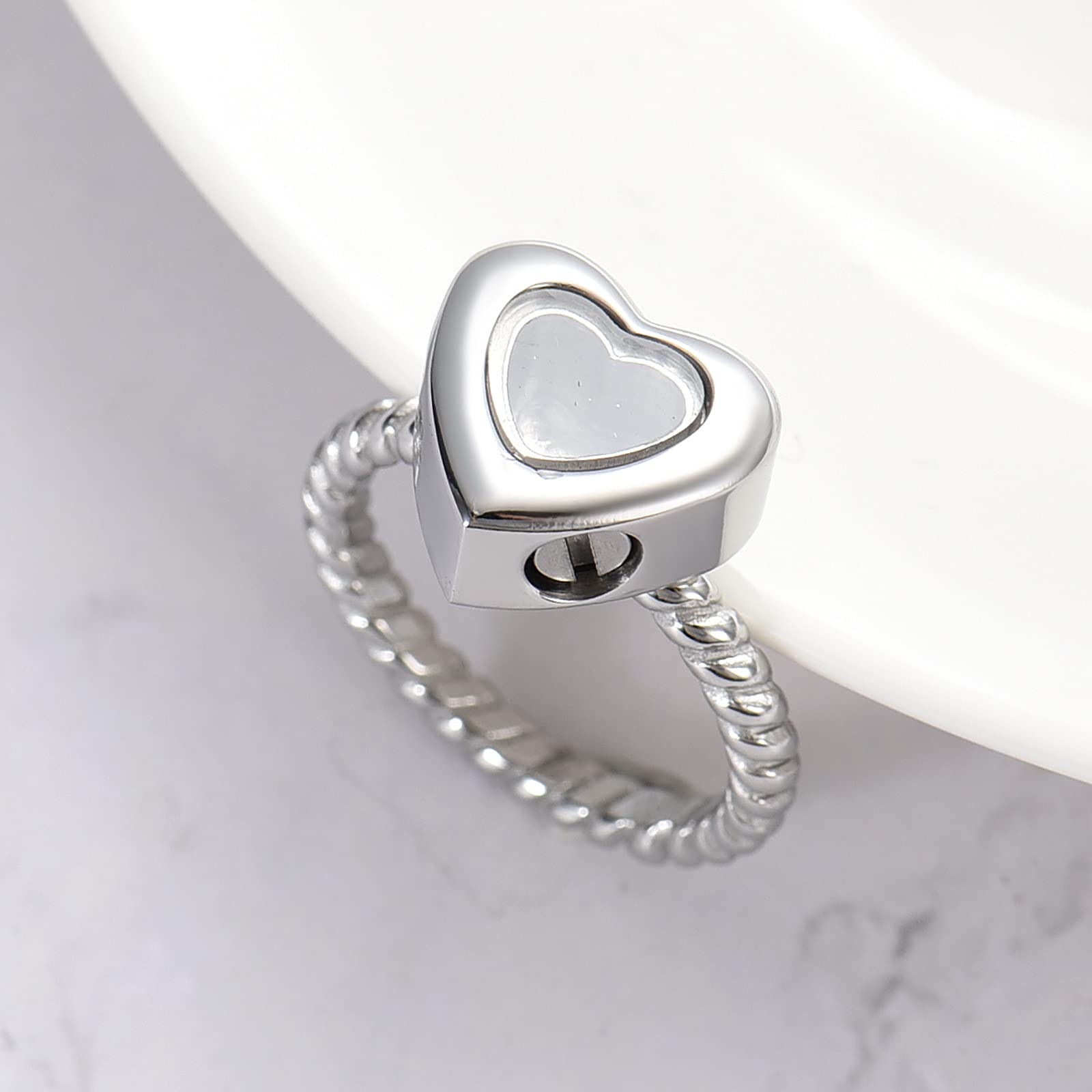 XSMZB Glass Heart Urn Cremation Rings for Ashes - Stainless Steel Memorial Finger Ring Human Pets Keepsake Jewelry for Women (Silver-8)