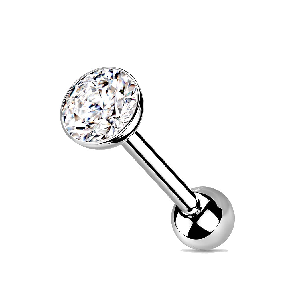 Dynamique Implant Grade Titanium Threadless Push In Cartilage Barbell With CZ Bezel Set Ball Top (Sold Per Piece)