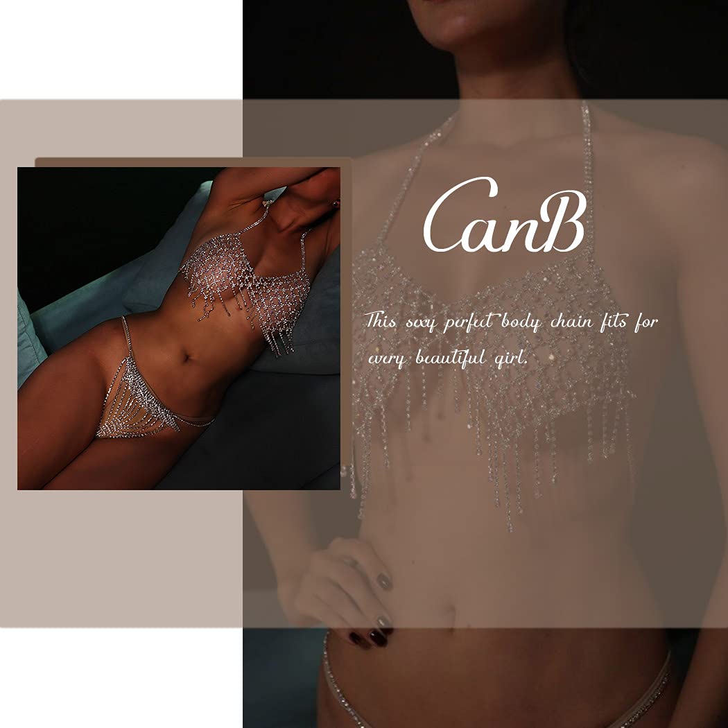 CanB Rhinestone Sexy Bra Chian Sparkly Crystal Tassel Underwear Body Chains Summer Beach Bikini Nightclub Chain Body Accessories Jewwlry for Women and Girls(Style-3) (A)