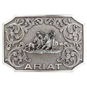 ariat rectangle buckle with team roper motif, western scroll design, smooth edge, 3-1/4" x 2-1/4"