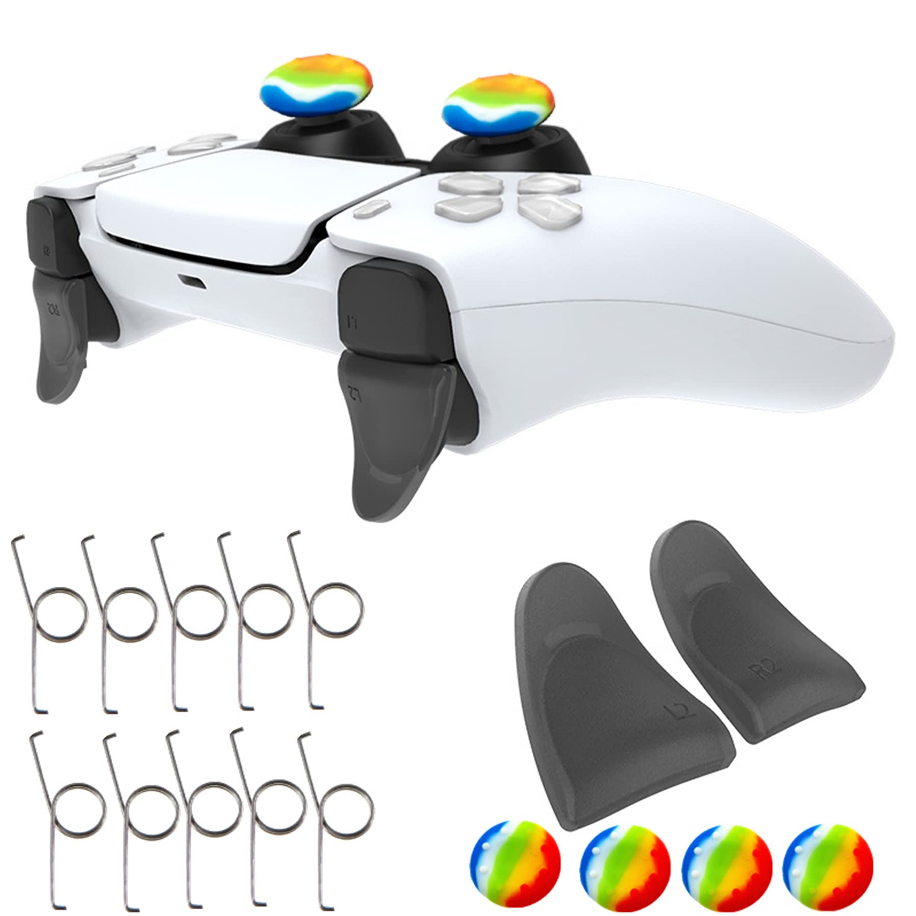 Accessories Kit Bundle for PS5 DualSense Controller, 10pcs Spring Trigger + 4pcs Silicone Thumb Grips Joystick Caps + 1pair L2 R2 Trigger Extender for Playstation 5 Controller