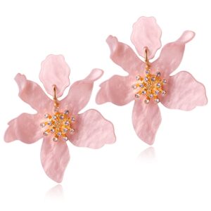 ANDPAI Unique Bohemian Oversized Acrylic Resin Flower Dangle Drop Earrings Retro Large Hawaii Flower Lei Earrings for Women (Pink)