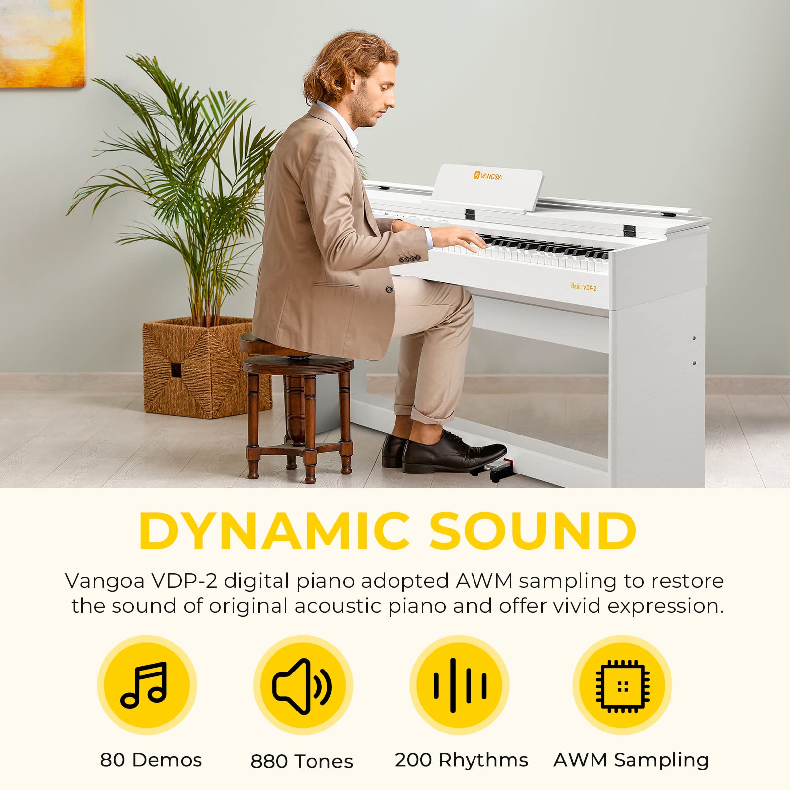 Vangoa Digital Piano 88 Keys Weighted Hammer Action Home Digital Piano Full size White with Furniture Stand, Flip Key Cover, Three Pedals and Power Adapter