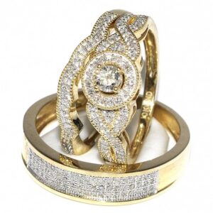 rosie collection round cut cz wedding trio ring set for him & her 14k yellow gold over women's size 5 & men's size 9