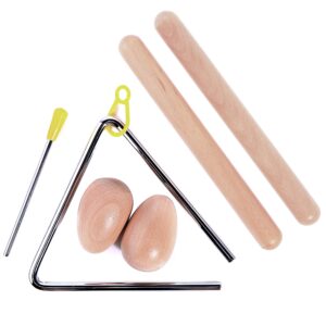 5 pcs musical percussion instrument set for kids, include 1 pair wood claves rhythm sticks, 1 pair wood egg shakers and 1 set musical triangle percussion