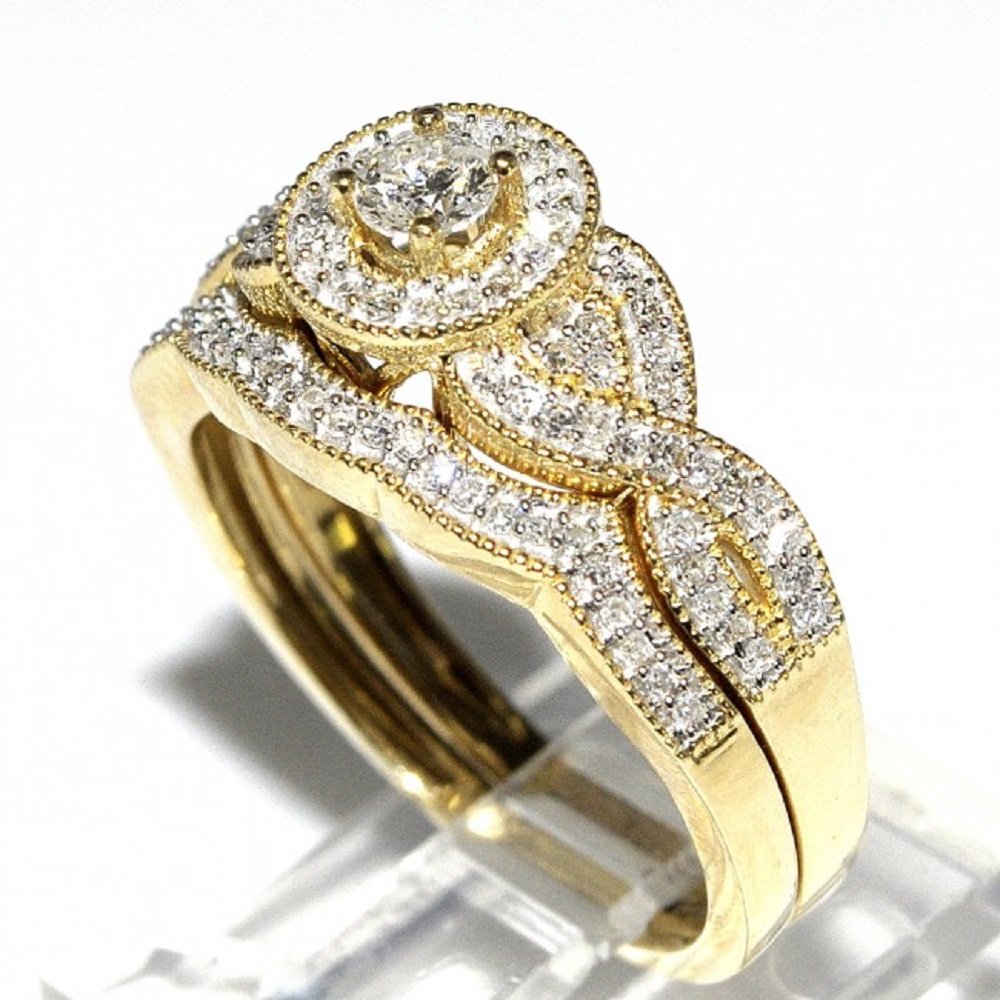 Rosie Collection Round Cut CZ Wedding Trio Ring Set for Him & Her 14K Yellow Gold Over Women's Size 5 & Men's Size 9