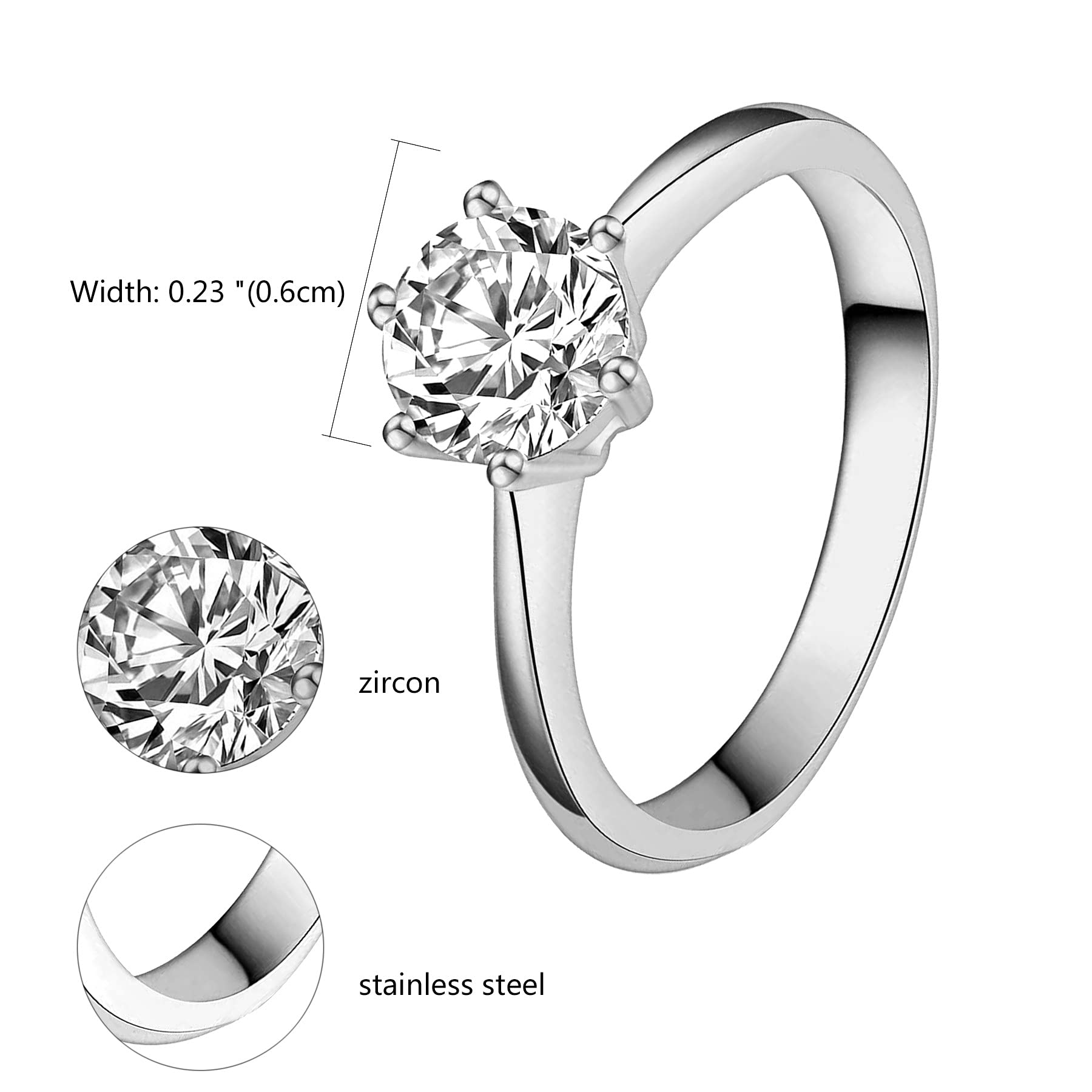 OIDEA 1.0 Carat Solitaire Round CZ Classical Stainless Steel Solitaire Wedding Engagement Love Proposal Ring Silver, Size 10