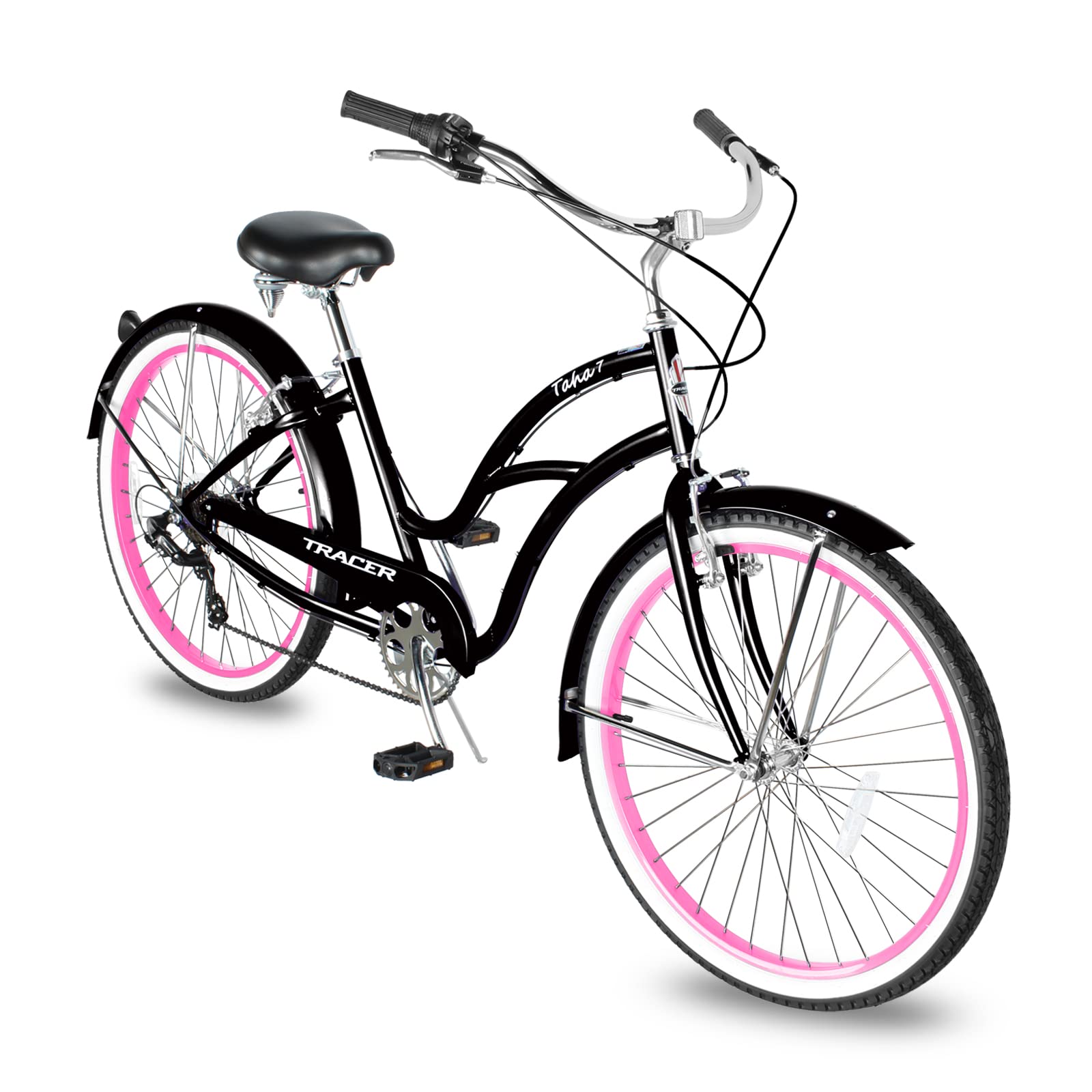 Tracer TAHA Beach Cruiser Bike for Women,26 Inch Wheels,Hi Ten Steel Frame,Shimano 7 Speed,V- Brake,Hybrid Bike for Adults,Complete Cruiser Bikes,Black