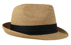 womens-sun-hat summer-straw-fedora hat foldable-panama beach-sun hat short brim trilby-hat - m-l adjustable string bulit-in khaki