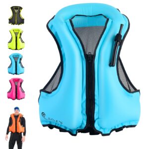 SOLY Inflatable Snorkel Jackets, Buoyancy Aid Swim Diving Jacket-Adult with Leg Straps Snorkel Vest for Swimming,Kayaking Other Low Impact Water Sports（Blue）