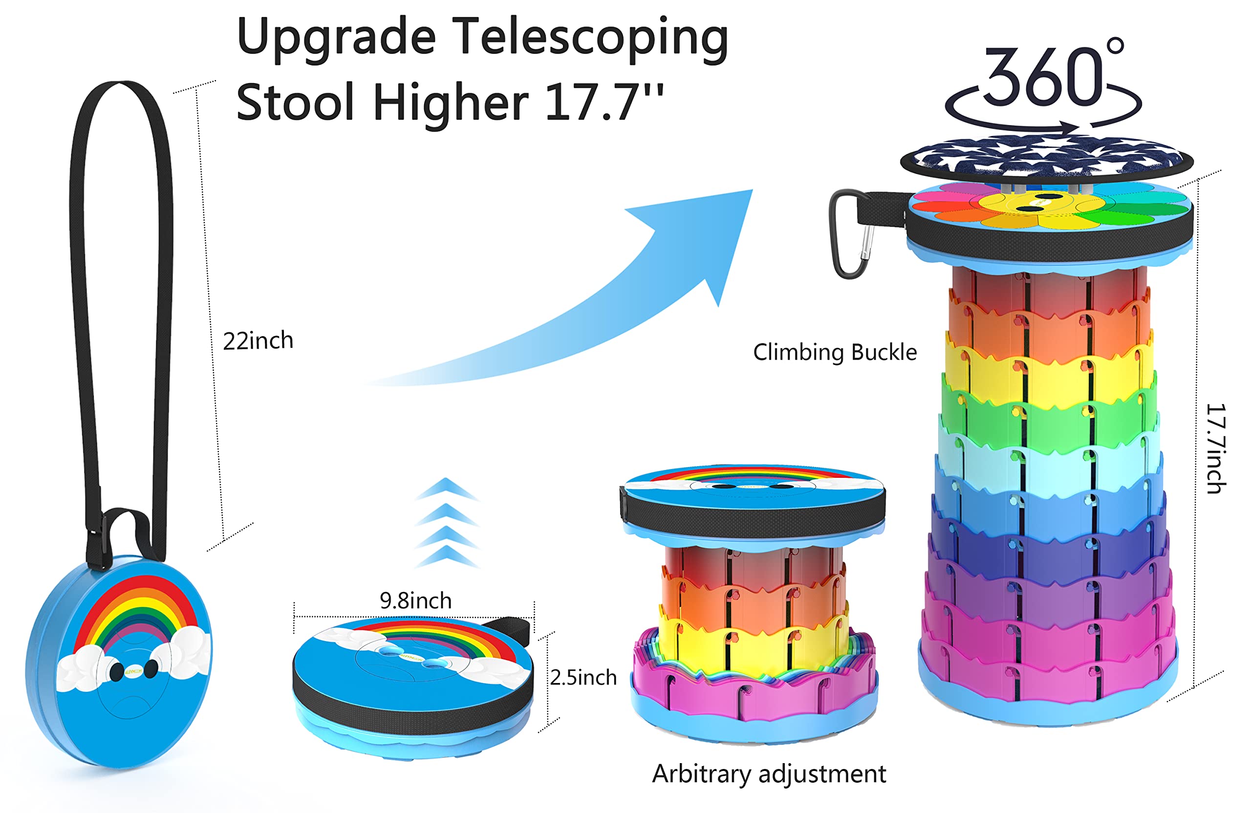 ALEVMOOM Upgraded Portable Collapsible Folding Stool with Cushion Retractable Telescoping Stool for Adults Sturdy Capacity 440lbs Camping Stool for Outdoor Hiking Garden BBQ with Bag,Carabiner