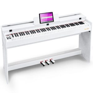 vangoa digital piano 88 keys weighted hammer action home digital piano full size white with furniture stand, flip key cover, three pedals and power adapter