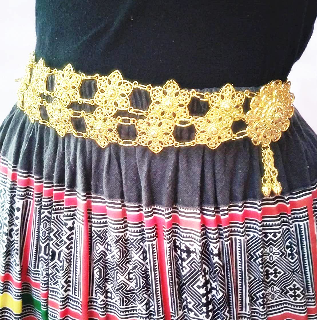 PunPund Belt Thai Gold Plate Star Flower Vintage Women Thailand Costume Wedding Chain Dress Dance Ram Thai 40-41 Inches