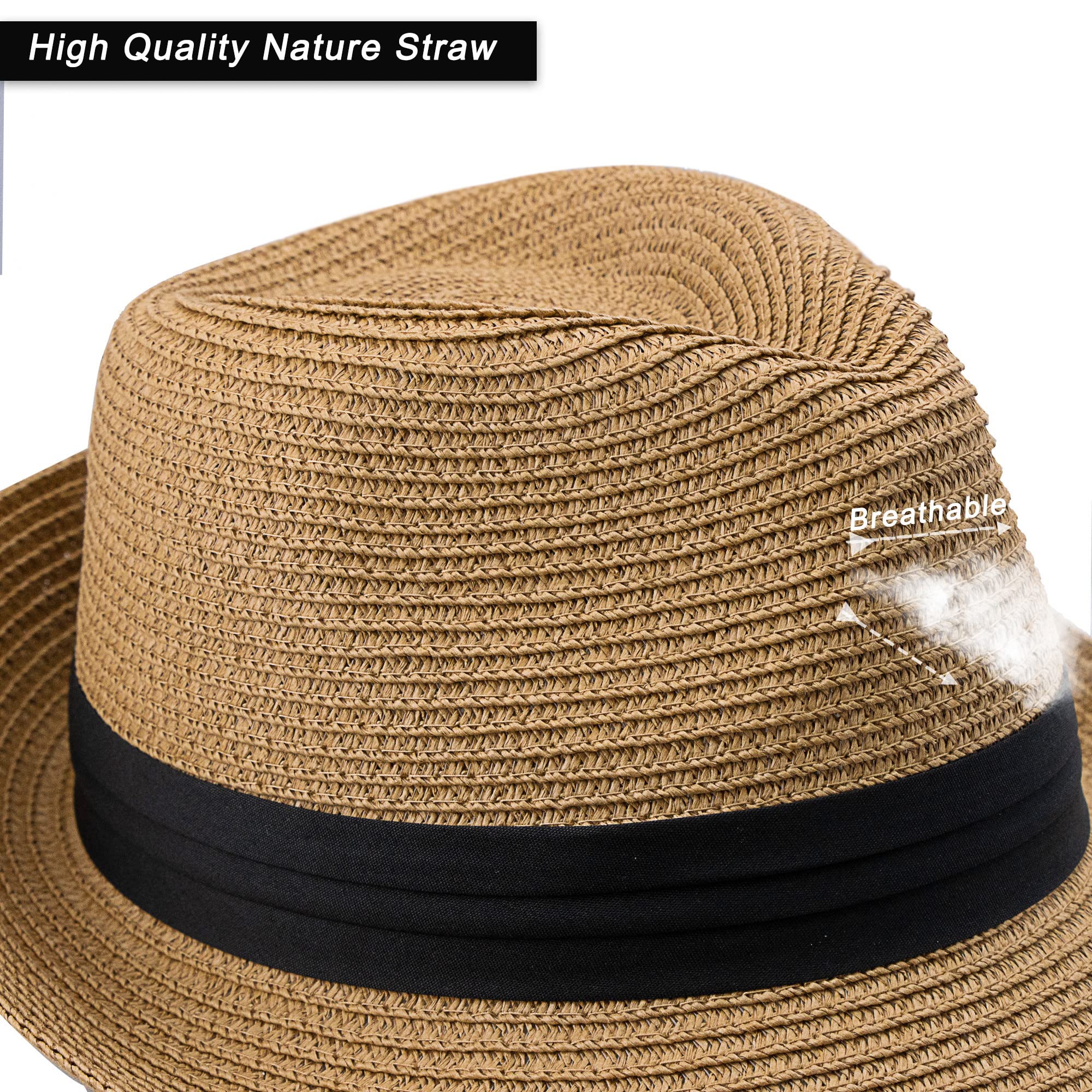 Womens-Sun-Hat Summer-Straw-Fedora Hat Foldable-Panama Beach-Sun Hat Short Brim Trilby-Hat - M-L Adjustable String Bulit-in Khaki