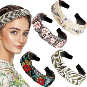 chuangdi 4 pieces boho headband floral wide headband handmade knot embroidery bohemia turban headband vintage ethnic style hair band for women girls hair accessories