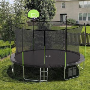 aotob 14ft trampoline with safety enclosure net, outdoor trampoline with basketball hoop,heavy duty jumping mat and spring cover padding for kids and adults, storage bag and ladder green