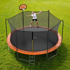 AOTOB 15FT Trampoline with Safety Enclosure Net, Outdoor Trampoline with Basketball Hoop,Heavy Duty Jumping Mat and Spring Cover Padding for Kids and Adults, Storage Bag and Ladder