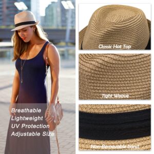 Womens-Sun-Hat Summer-Straw-Fedora Hat Foldable-Panama Beach-Sun Hat Short Brim Trilby-Hat - M-L Adjustable String Bulit-in Khaki