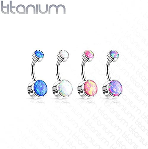 Titanium Iternally Threaded Top Doube Round Opal Bezel Set Belly Button Rings (14GA, L: 3/8" (10mm), Ball: 4 & 6mm, Opal Blue)