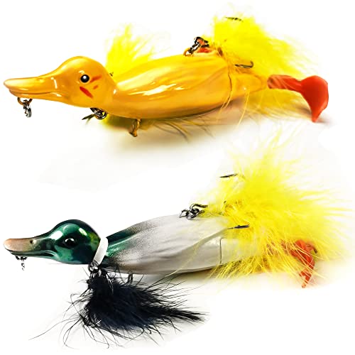 Duck Lure Topwater Fishing Lures Kit for Bass, VMSIXVM 4.75in Baby Duckling Floating Artificial Bait with Splashing Feet and Rooster Bait Tails, Propeller Duck Hard Swimbait for Freshwater Saltwater