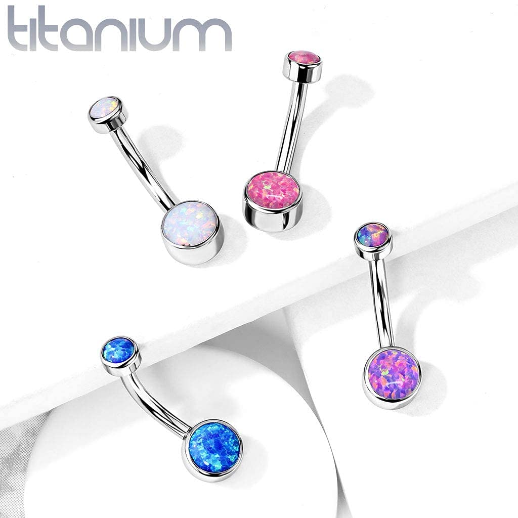 Titanium Iternally Threaded Top Doube Round Opal Bezel Set Belly Button Rings (14GA, L: 3/8" (10mm), Ball: 4 & 6mm, Opal Blue)