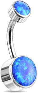 titanium iternally threaded top doube round opal bezel set belly button rings (14ga, l: 3/8" (10mm), ball: 4 & 6mm, opal blue)