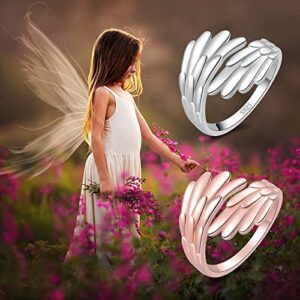 IOHUPCI Feather Angel Wings Adjustable Dainty White Gold Plated Sterling Silver Open Ring for Women/Men//Teens Gifts (Rose Gold)