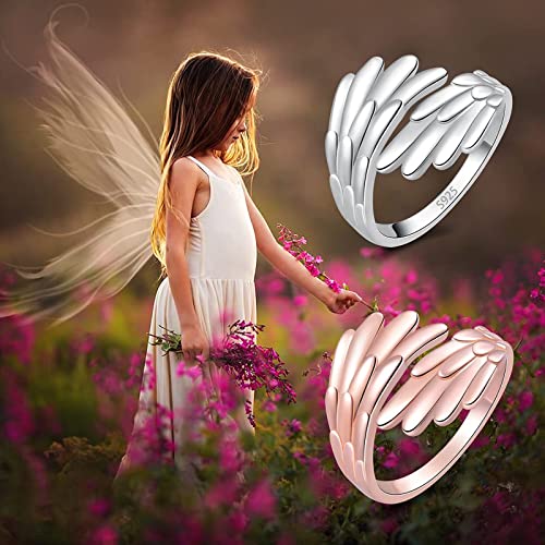 IOHUPCI Feather Angel Wings Adjustable Dainty White Gold Plated Sterling Silver Open Ring for Women/Men//Teens Gifts (Rose Gold)