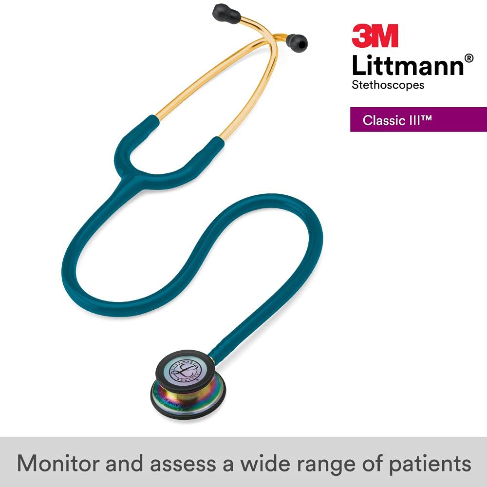 3M Littmann Cardiology IV Diagnostic Stethoscope, Rainbow-Finish Chest Piece, Black Tube, Stem and Headset, 27 Inch & Classic III Monitoring Stethoscope, Rainbow-Finish, Caribbean Blue Tube, 27 Inch