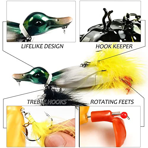 Duck Lure Topwater Fishing Lures Kit for Bass, VMSIXVM 4.75in Baby Duckling Floating Artificial Bait with Splashing Feet and Rooster Bait Tails, Propeller Duck Hard Swimbait for Freshwater Saltwater