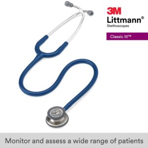 3M Littmann Classic III Monitoring Stethoscope, Navy Blue Tube, 27 Inch, 5622 & 40007 Stethoscope Identification Tag, Black