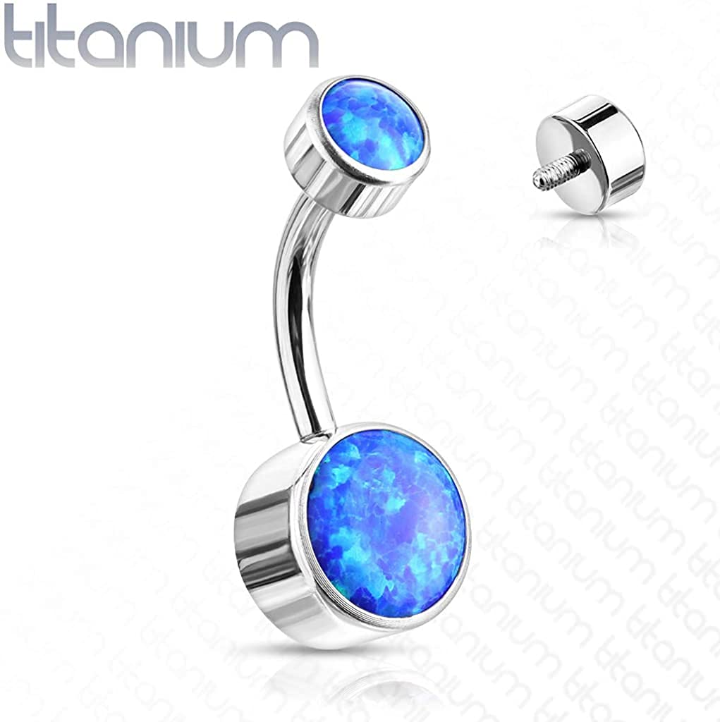 Titanium Iternally Threaded Top Doube Round Opal Bezel Set Belly Button Rings (14GA, L: 3/8" (10mm), Ball: 4 & 6mm, Opal Blue)