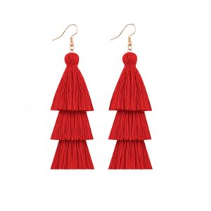 diyanmmy 3 tier layered colorful tassel earrings bohemian big dangle drop fashion jewelry earrings for women valentine birthday party gift. (red tassel)