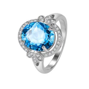 Vintage 925 Sterling Silver Women's Ring Shiny Leaf Zircon Carat Diamond Ring Oval Sea Blue Topaz Engagement Wedding Anniversary Cocktail Knuckle Stacking Finger Rings for Women ST.148 (6)