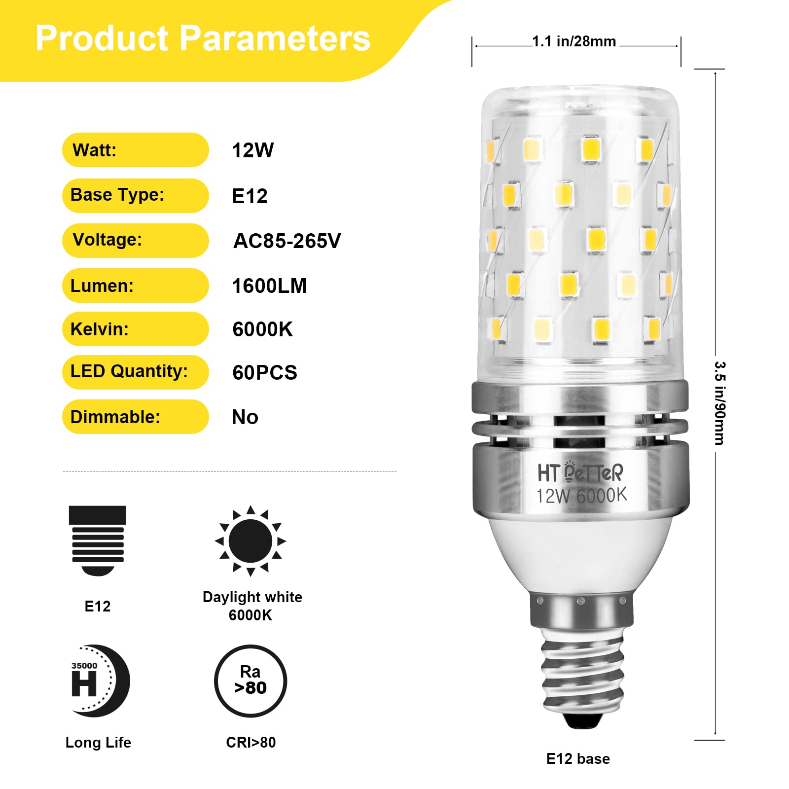 HT PETTER LED Corn Bulbs,12W Candelabra LED Light Bulbs,E12 Base,1600LM 6000K-Daylight White,120W Incandescent Bulbs Equivalent,Edison Screw Bulbs, Non-Dimmable, Pack of 4