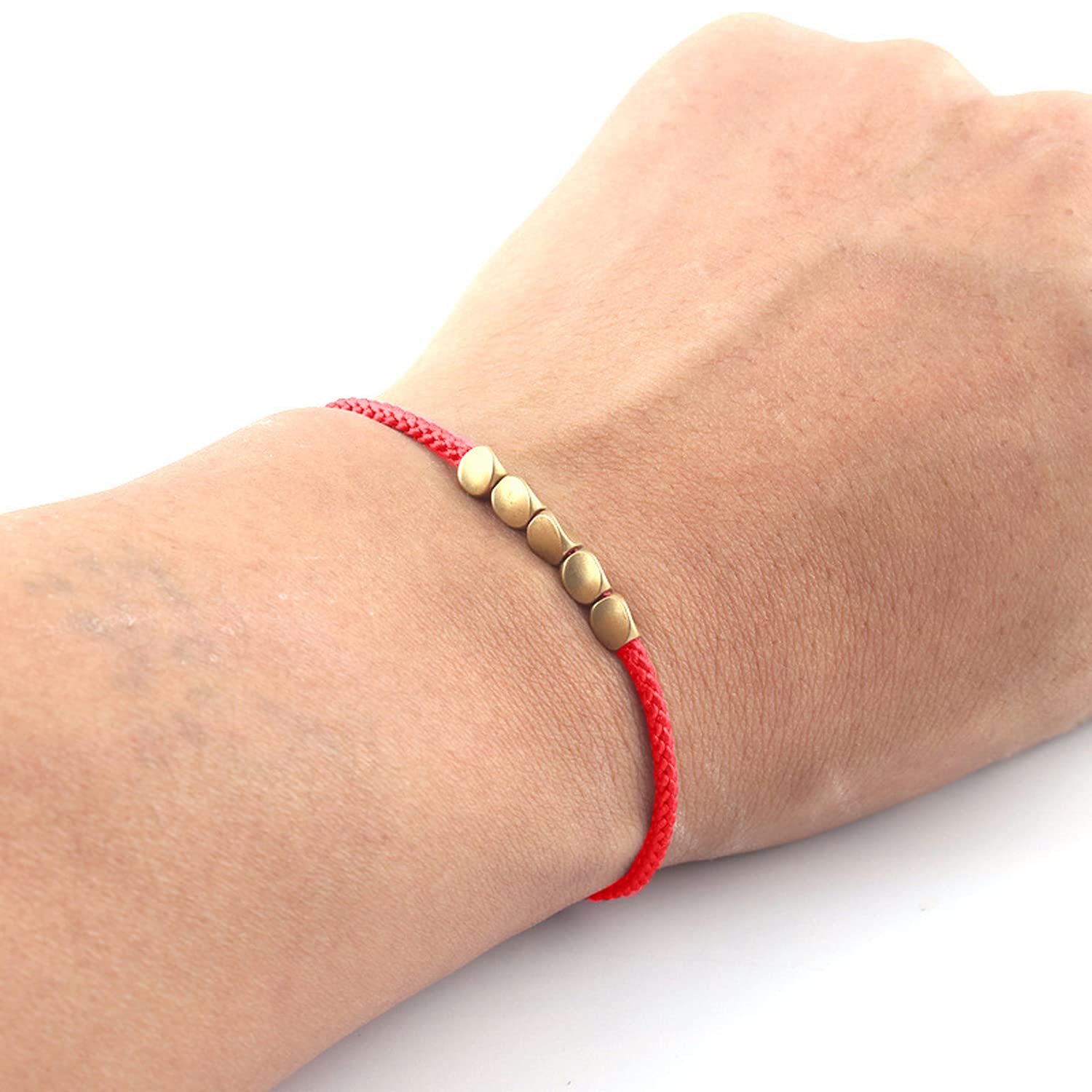 MENGLINA Women Men Handmade 5 Irregular Brass Copper Beads Tibetan Bracelet Chinese Feng Shui Lucky Red String Rope Couple Bracelets Distance Friendship Lovers Gifts (Red Red)