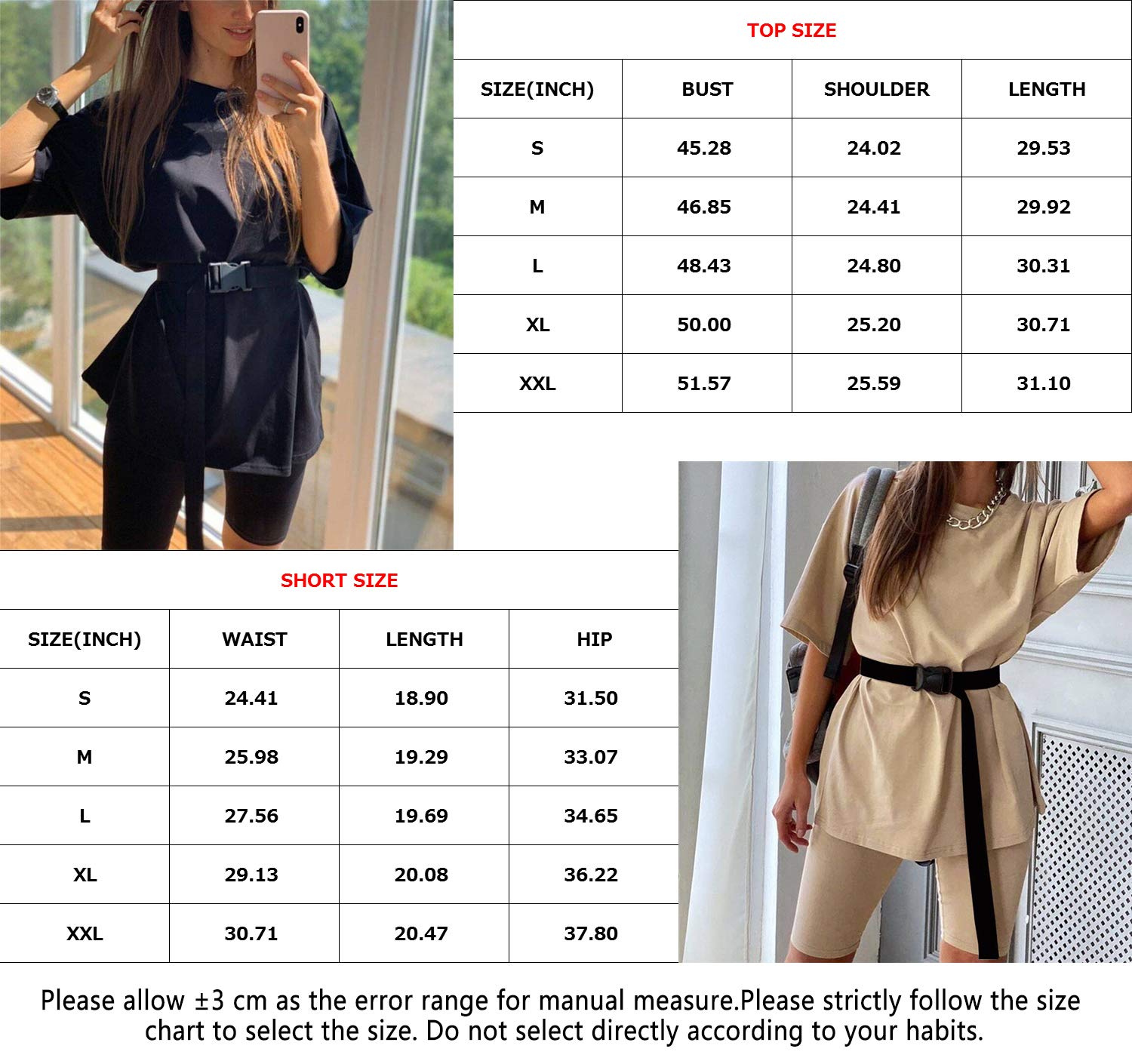 Youdiao Women 2 Piece Outfit Sets T-Shirt Tops Biker Shorts Casual Workout Sports Tracksuit Set with Belt Khaki-Letter Printed L