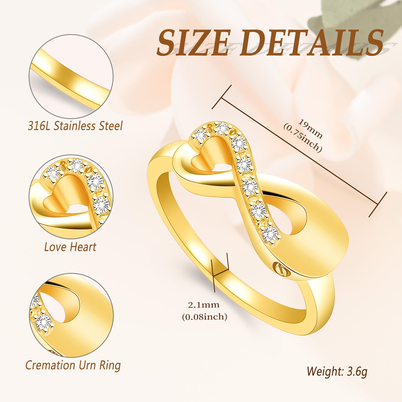 Cremation Jewelry Urn Ring for Ashes Infinity Crystal Memorial Ring for Human Dog Cat Ashes Stainless Steel Keepsake Ring for Women(Gold 10)