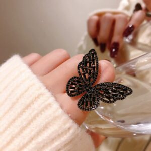 TKMIRA Butterfly Ring for Women Gold Adjustable Cubic Zirconia Ring Jewelry Sparkling Sterling Silver Open Statement Ring (black butterfly)