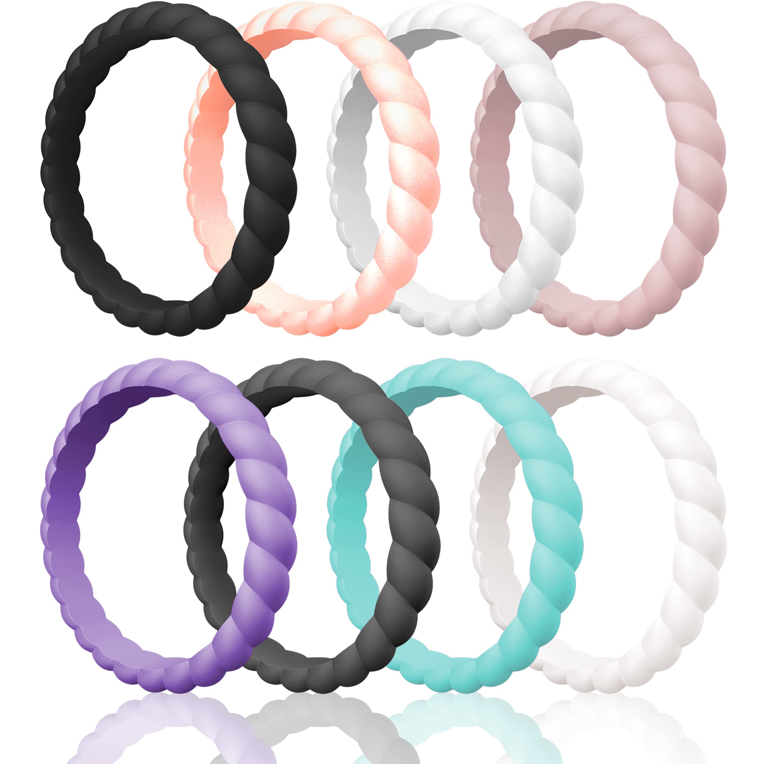 ThunderFit Thin Braided Silicone Wedding Bands for Women, Rubber Engagement Rings 3.5mm Wide 2mm Thick - 1/4/8/10/12/16 Variety Multipack