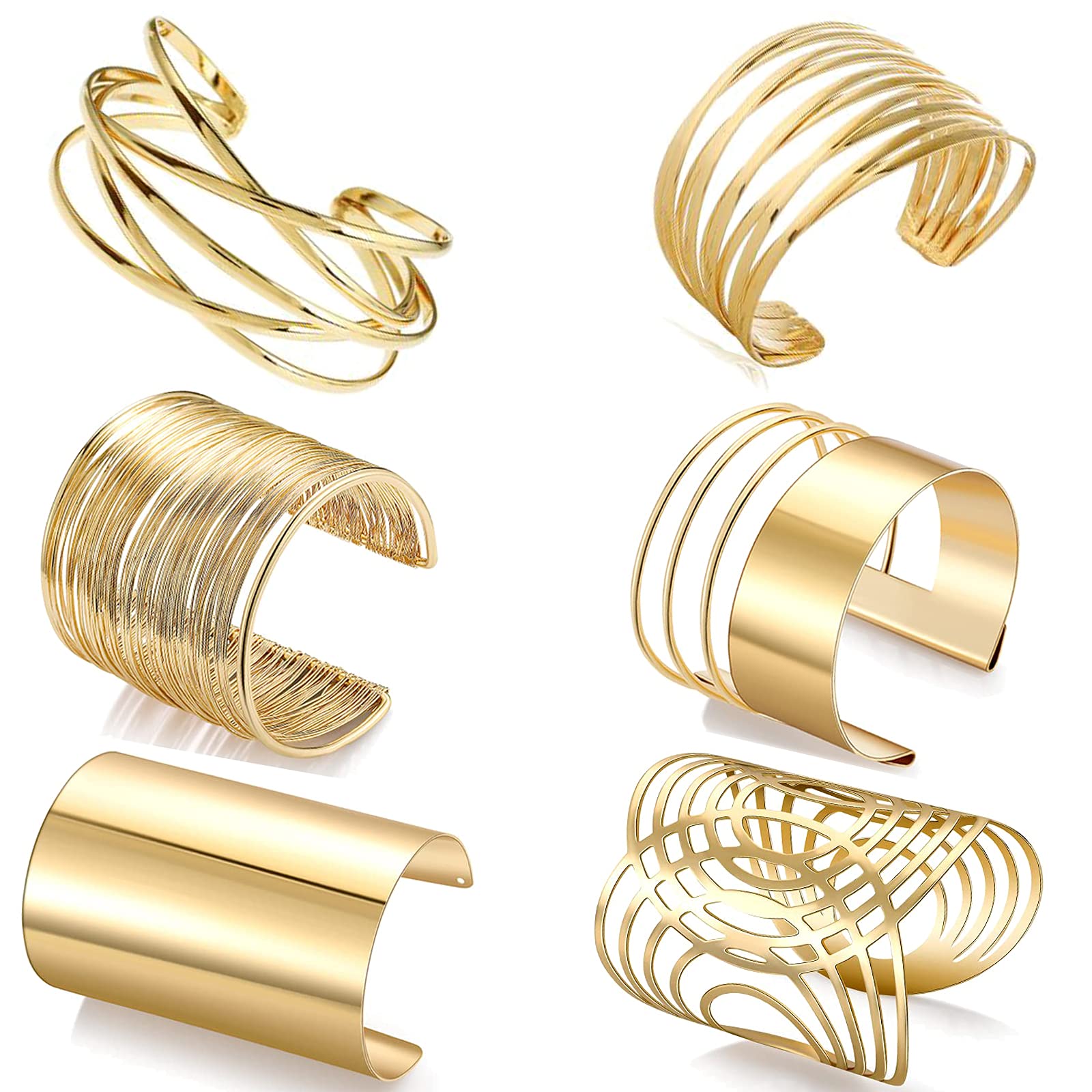 WAINIS 6 PCS Cuff Bangle Bracelet for Women Open Wide Wire Bracelets Gold Wrist Cuff Wrap Bracelet Gold Plated