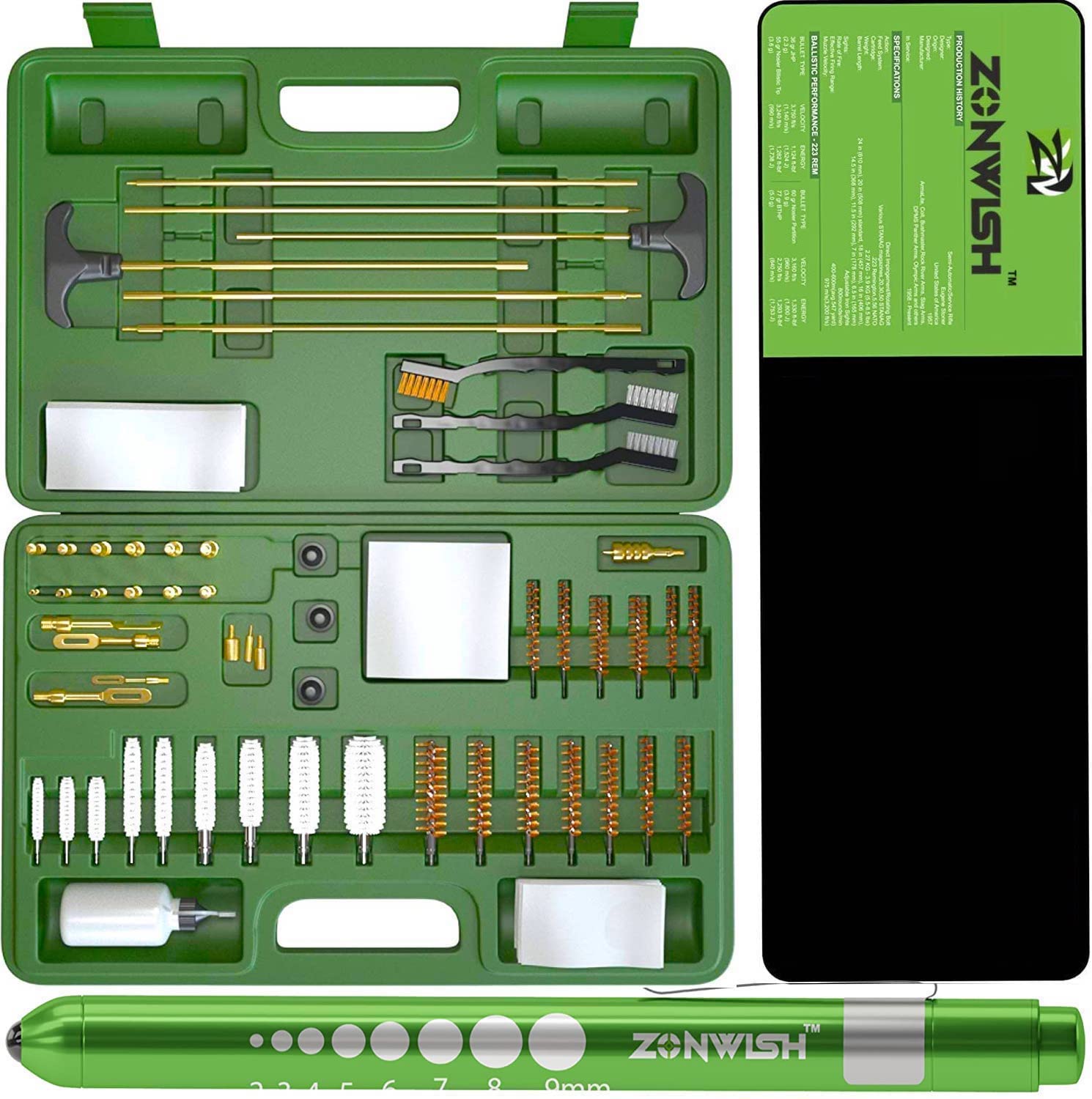 ZONWISH Brass Jags Universal Gun Cleaning Kit with Large Gun Mat and Pen Light -Rifle Kit with Sturdy Travel Case & 100 Cleaning Patches for All Caliber Rifle Pistol Handgun & Shotgun